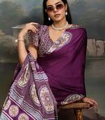 Purple ethnic ajrak printed festive wear saree with matching blouse