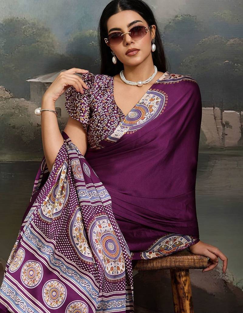Purple ethnic ajrak printed festive wear saree with matching blouse
