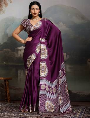 Purple ethnic ajrak printed festive wear saree with matching blouse 2