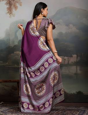 Purple ethnic ajrak printed festive wear saree with matching blouse 3