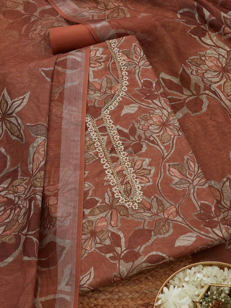 floral printed beads and stones linen unstitched dress material