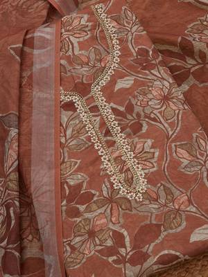 floral printed beads and stones linen unstitched dress material 2