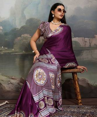 Purple ethnic ajrak printed festive wear saree with matching blouse 4