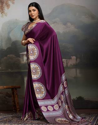 Purple ethnic ajrak printed festive wear saree with matching blouse 5