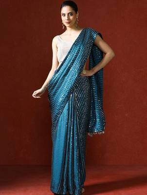 Blue embellished sequinned saree with blouse 1