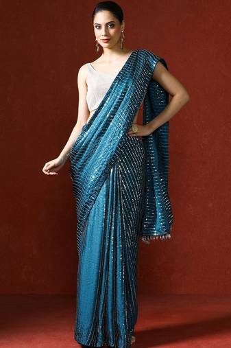 Blue embellished sequinned saree with blouse