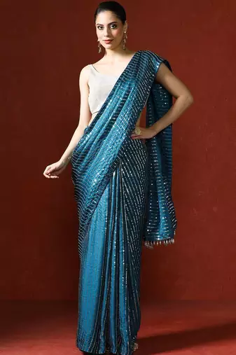 Blue embellished sequinned saree with blouse