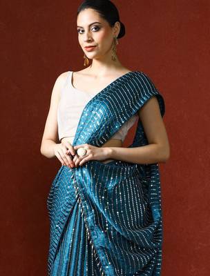 Blue embellished sequinned saree with blouse 2