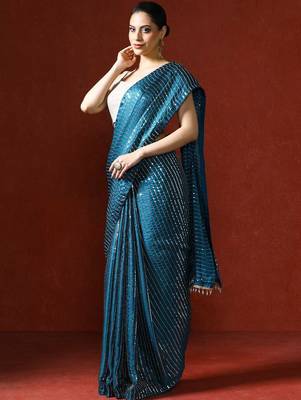 Blue embellished sequinned saree with blouse 3