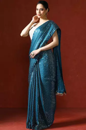 Blue embellished sequinned saree with blouse