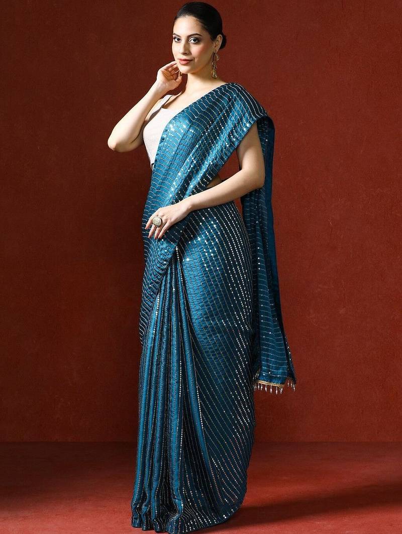Blue embellished sequinned saree with blouse