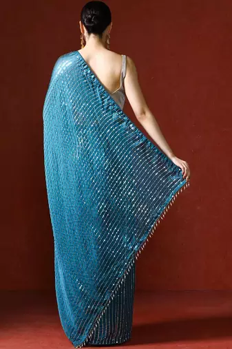 Blue embellished sequinned saree with blouse