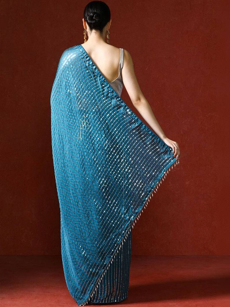 Blue embellished sequinned saree with blouse