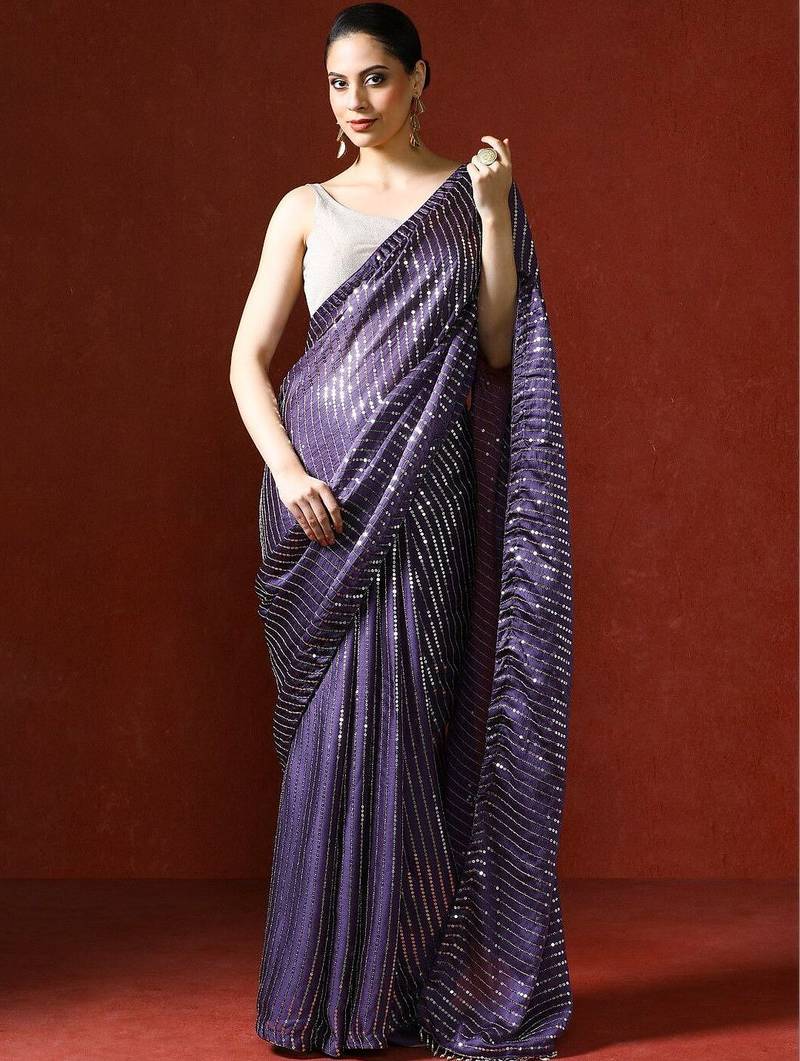 Purple embellished sequinned saree with blouse