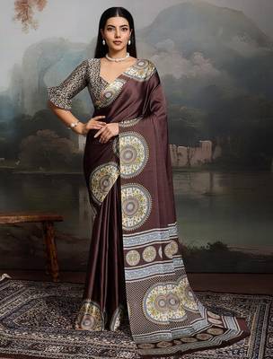 Brown ajrak satin block print saree with blouse piece 1