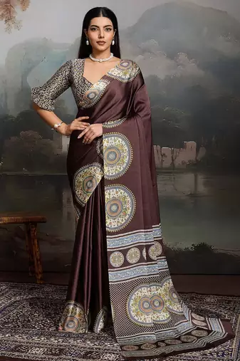 Brown ajrak satin block print saree with blouse piece