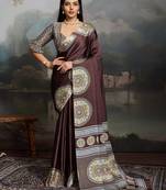 Brown ajrak satin block print saree with blouse piece