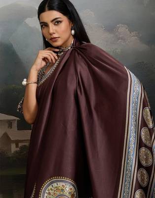 Brown ajrak satin block print saree with blouse piece 2