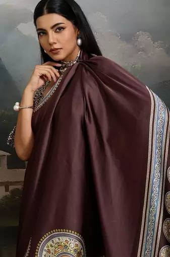 Brown ajrak satin block print saree with blouse piece