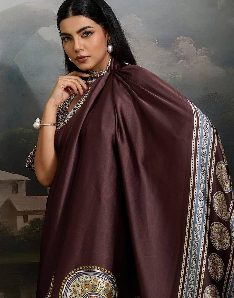 Brown ajrak satin block print saree with blouse piece