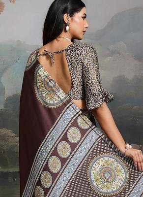 Brown ajrak satin block print saree with blouse piece 3