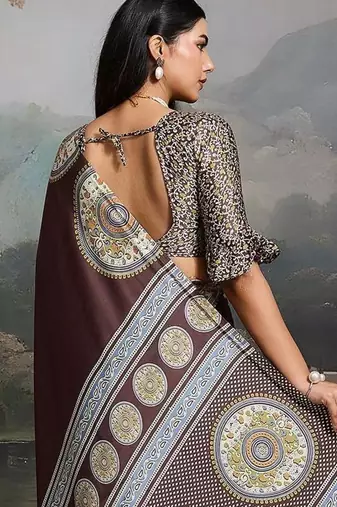 Brown ajrak satin block print saree with blouse piece