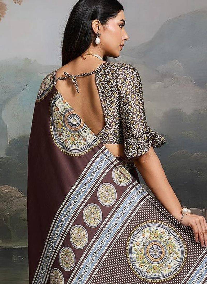 Brown ajrak satin block print saree with blouse piece
