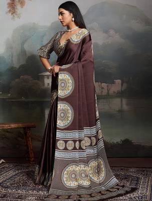 Brown ajrak satin block print saree with blouse piece 4