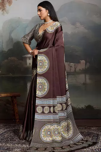 Brown ajrak satin block print saree with blouse piece