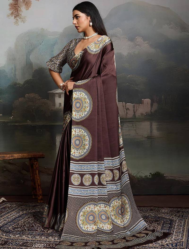 Brown ajrak satin block print saree with blouse piece