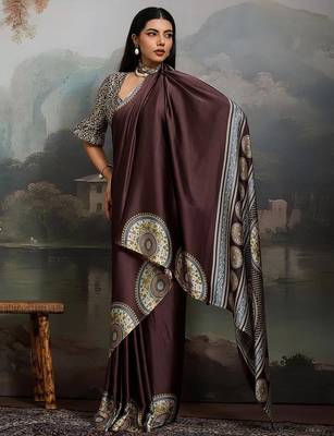 Brown ajrak satin block print saree with blouse piece 5