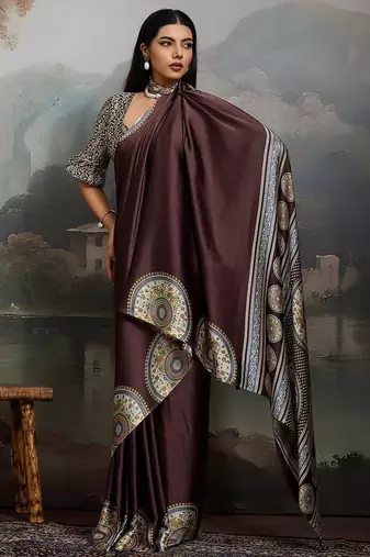 Brown ajrak satin block print saree with blouse piece
