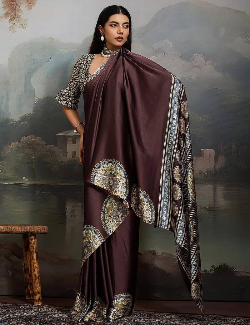 Brown ajrak satin block print saree with blouse piece