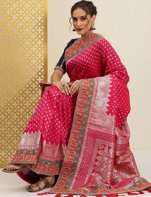 Pink fuchsia pink & silver ethnic motifs sequinned jashn banarasi saree 1