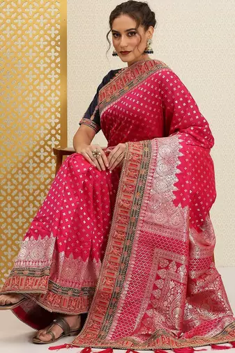 Pink fuchsia pink & silver ethnic motifs sequinned jashn banarasi saree