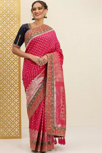 Pink fuchsia pink & silver ethnic motifs sequinned jashn banarasi saree