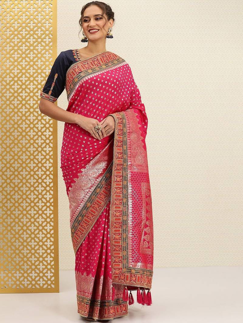Pink fuchsia pink & silver ethnic motifs sequinned jashn banarasi saree