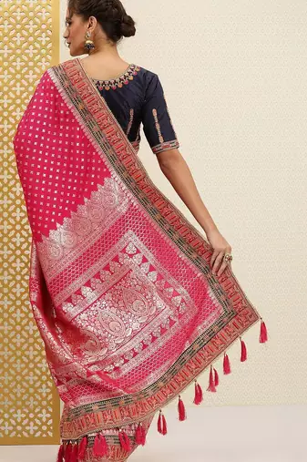 Pink fuchsia pink & silver ethnic motifs sequinned jashn banarasi saree