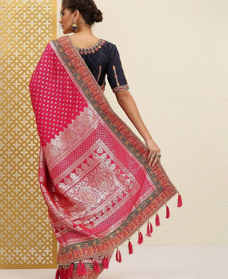 Pink fuchsia pink & silver ethnic motifs sequinned jashn banarasi saree