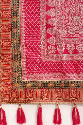 Pink fuchsia pink & silver ethnic motifs sequinned jashn banarasi saree