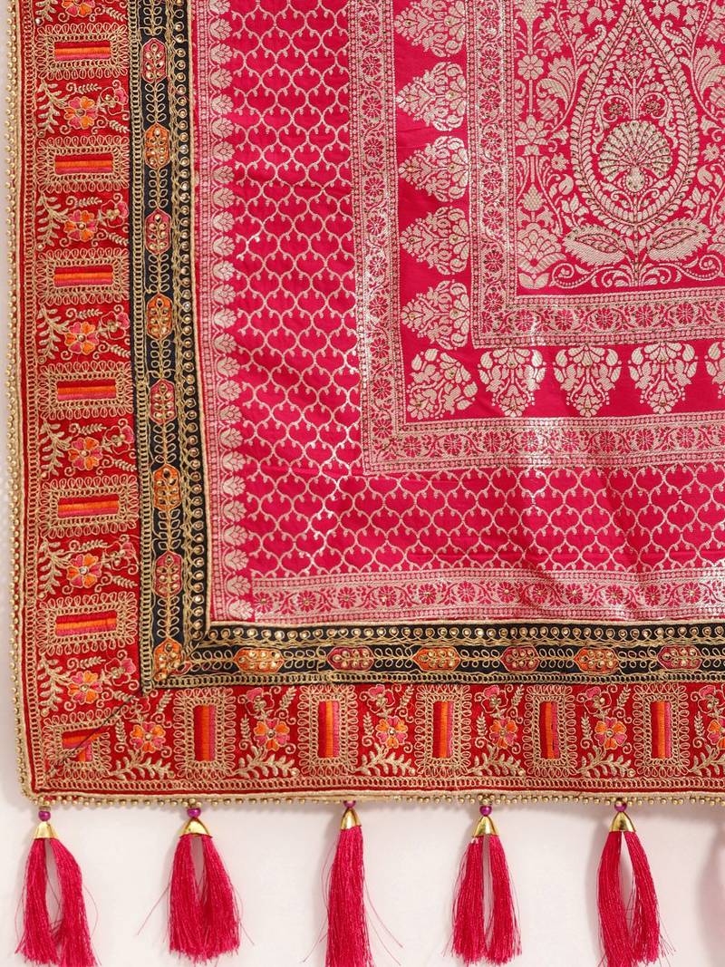 Pink fuchsia pink & silver ethnic motifs sequinned jashn banarasi saree