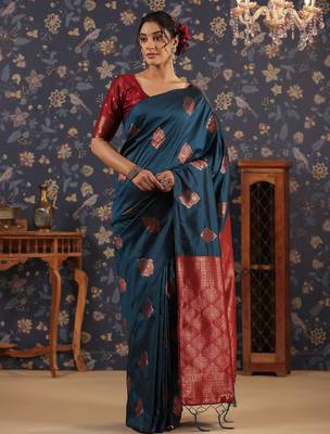 Turquoise ethnic woven design banarasi saree 1