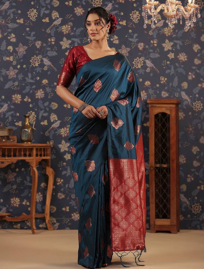 Turquoise ethnic woven design banarasi saree