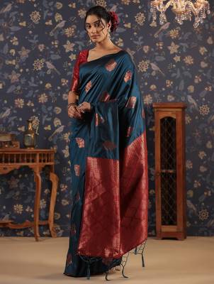 Turquoise ethnic woven design banarasi saree 2