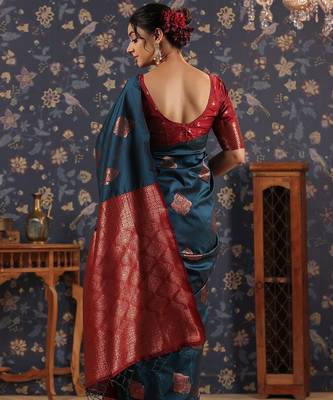 Turquoise ethnic woven design banarasi saree 3