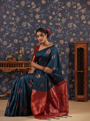 Turquoise ethnic woven design banarasi saree 4