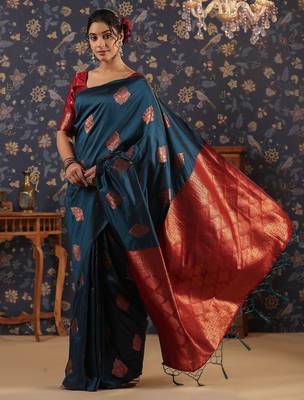 Turquoise ethnic woven design banarasi saree 5