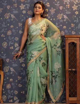 Sea green floral printed embroidered organza saree 1