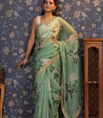 Sea green floral printed embroidered organza saree