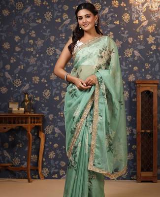 Sea green floral printed embroidered organza saree 2